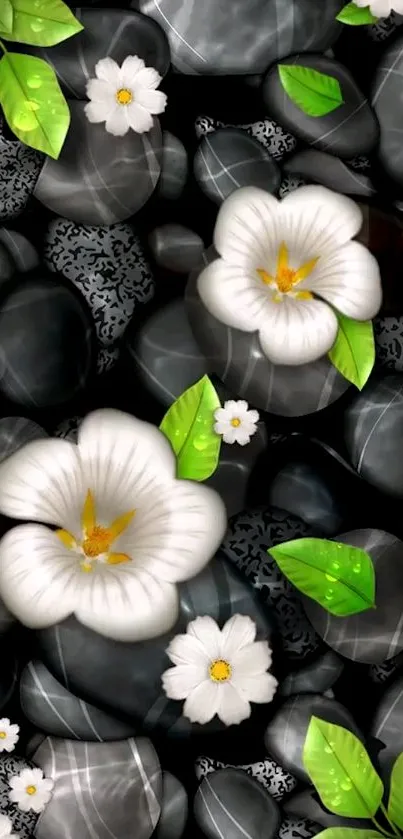 Elegant black stones with white flowers and green leaves wallpaper.