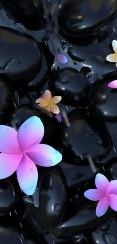 Mobile wallpaper with black stones and colorful flowers.