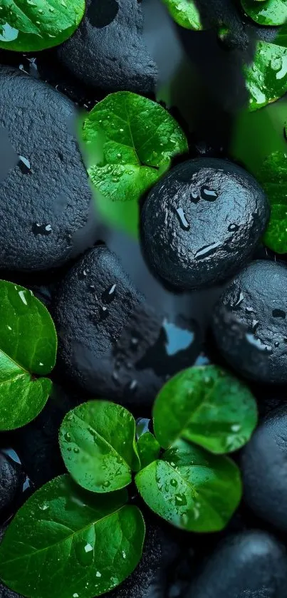 Smooth black stones with fresh green leaves, perfect for mobile wallpaper.