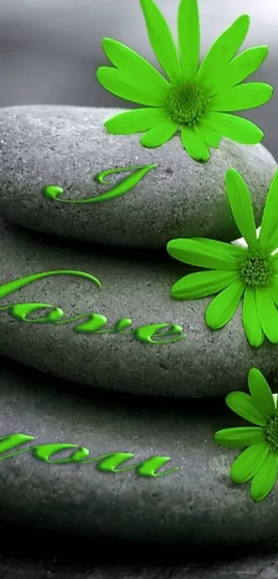 Zen stones with green flowers and 'I Love You' text for phone wallpaper.