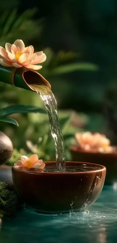 Flowing bamboo fountain with water lilies.