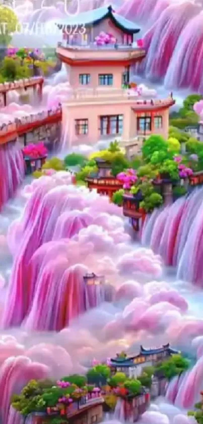 Fantasy zen waterfall art with pink hues.