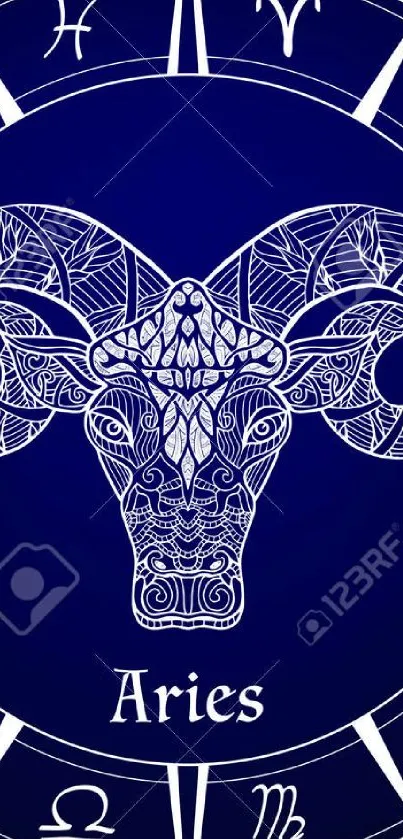 Intricate Aries zodiac wallpaper with white ram on deep blue.