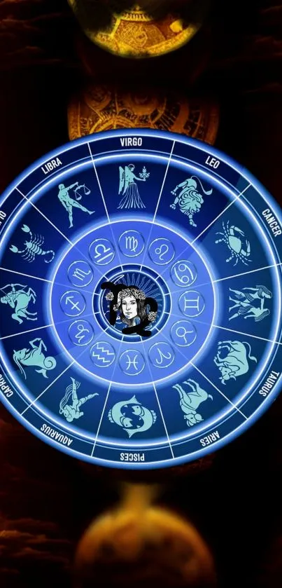 Dark blue zodiac wheel with astrological signs on a mystical background.