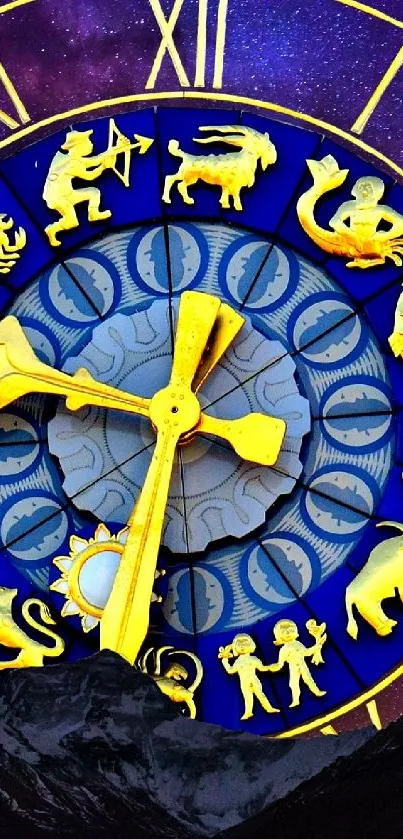 Zodiac clock over galaxy night sky