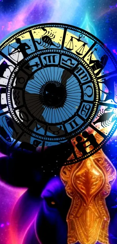 Cosmic mobile wallpaper with zodiac wheel.