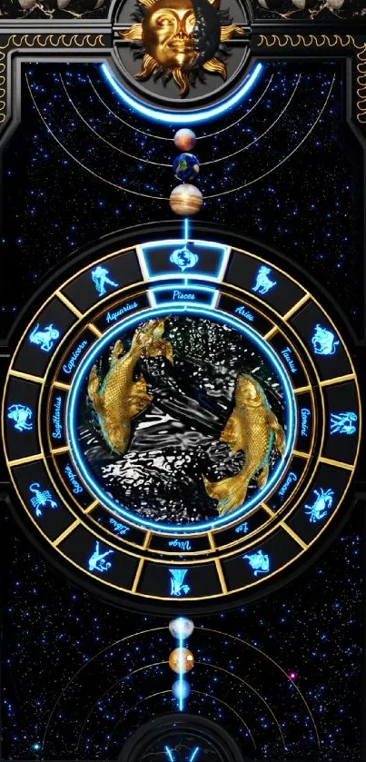 Cosmic zodiac wheel with golden fish and starry background wallpaper.