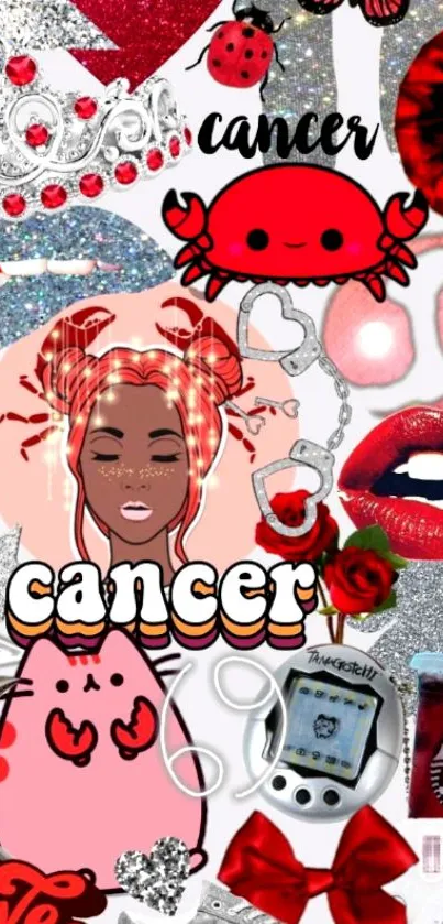 Cancer zodiac collage with glitter and red accents in a vibrant mobile wallpaper.