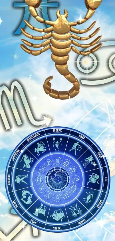 Astrology-themed wallpaper with zodiac signs and a blue sky background.