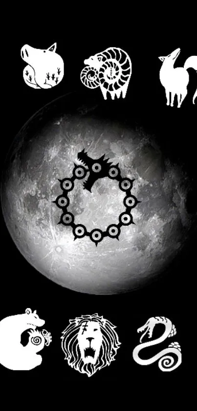 Zodiac-themed wallpaper featuring animals around a moon.