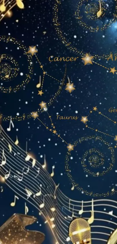Wallpaper featuring zodiac constellations and musical notes on a starry backdrop.