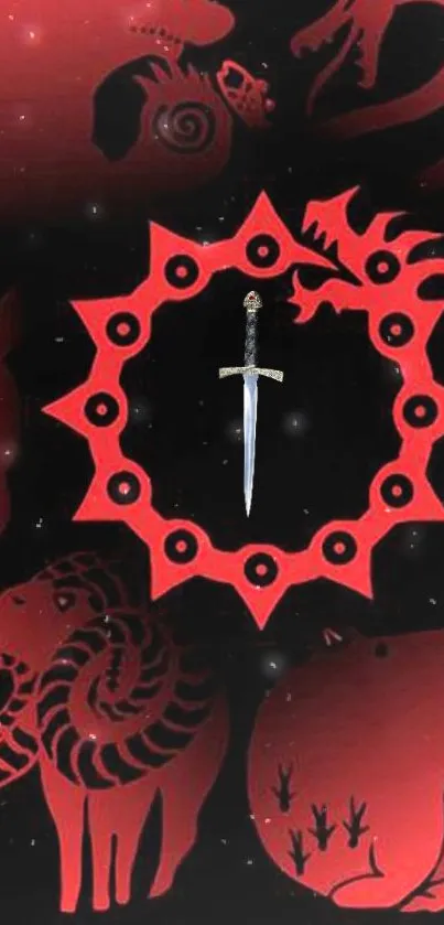 Red zodiac symbols with sword on dark wallpaper.