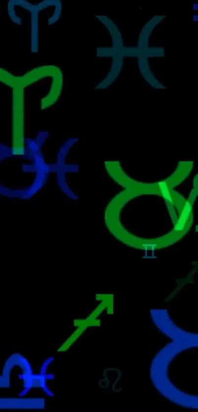 Abstract zodiac symbols in green and blue on a black background for mobile wallpaper.