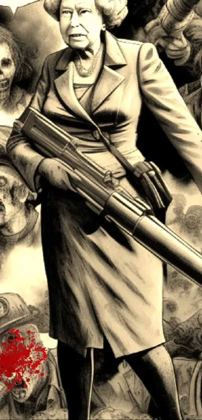 Elderly woman with gun amidst zombies in sepia artwork.