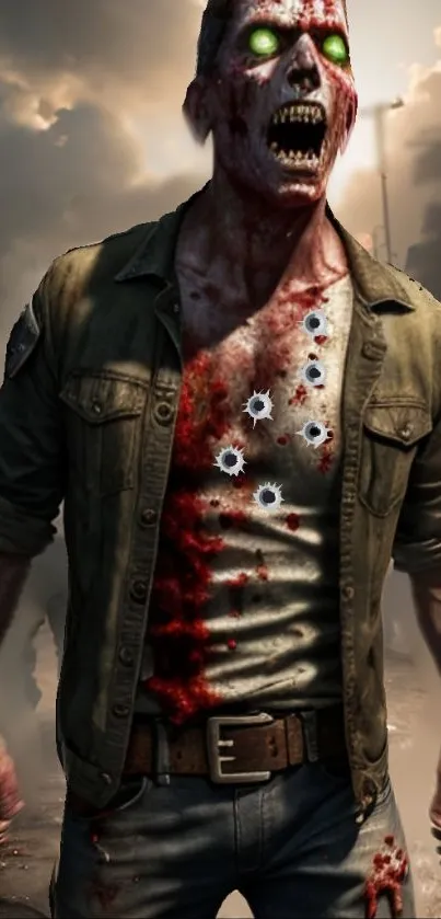 Zombie with glowing eyes in apocalyptic scene mobile wallpaper.