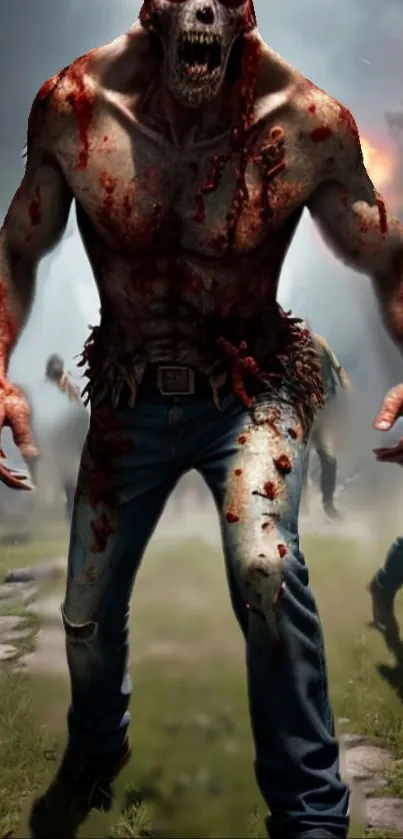 Frightening zombie in a post-apocalyptic scene with bloodied details.