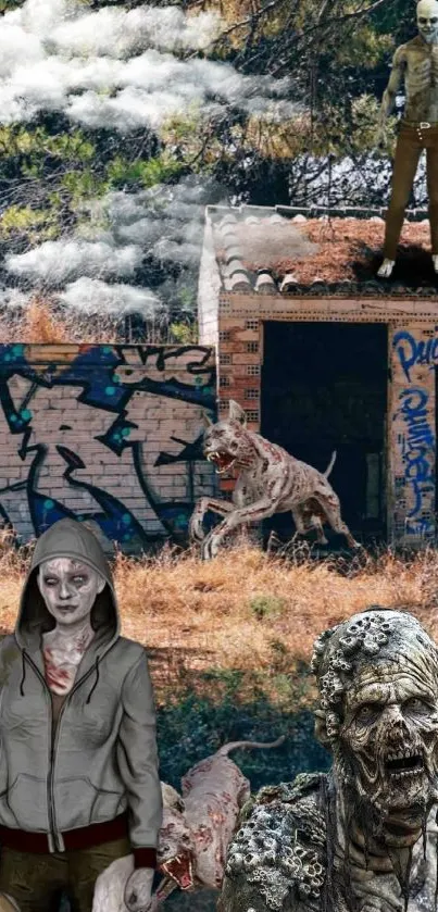 Zombie-themed urban art wallpaper featuring eerie creatures and graffiti-covered buildings.