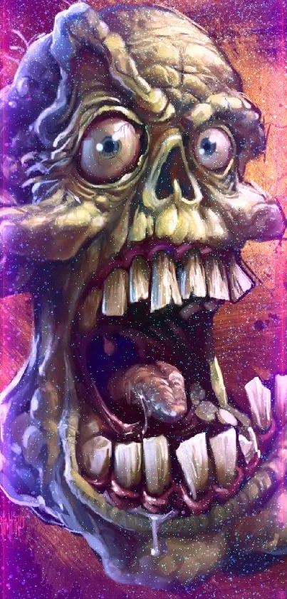 Zombie skull with vibrant colors and horror art on mobile wallpaper.