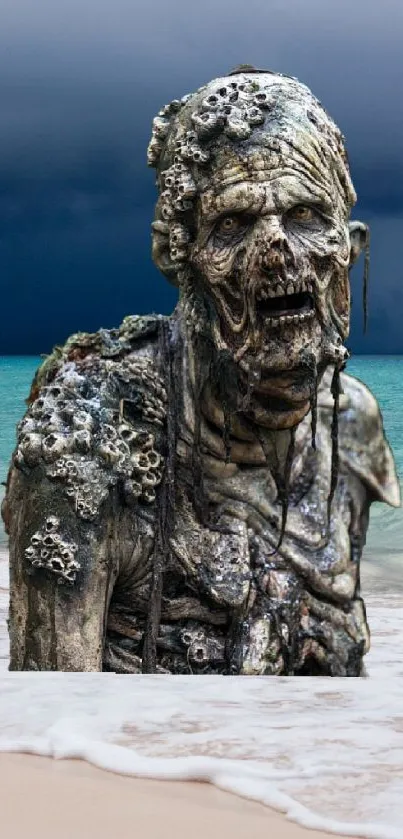 Zombie figure on a stormy beach with dark clouds overhead.