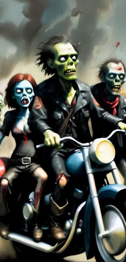 Zombies on motorcycles in apocalyptic scene.