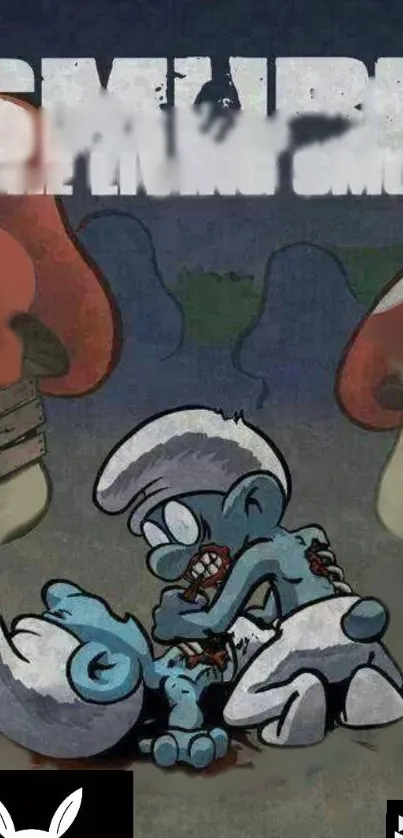 Zombie cartoon Smurf wallpaper with a dark, artistic theme.