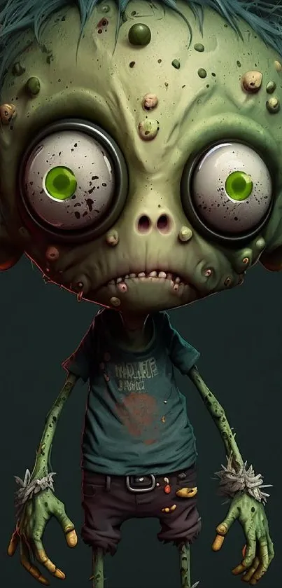 Whimsical cartoon zombie with large eyes and vibrant green colors.