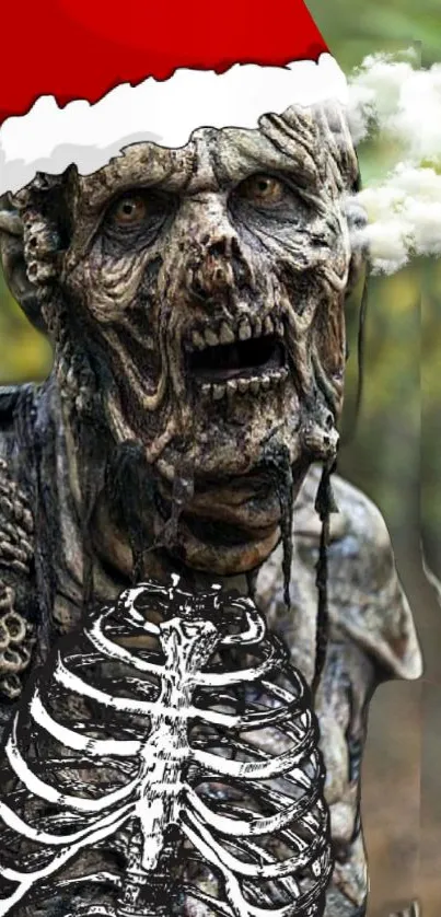 Zombie in Santa hat with skeletal design and eerie background.