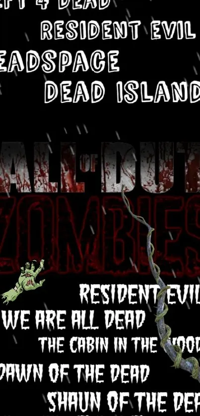 Mobile wallpaper with zombie game titles on a dark background.