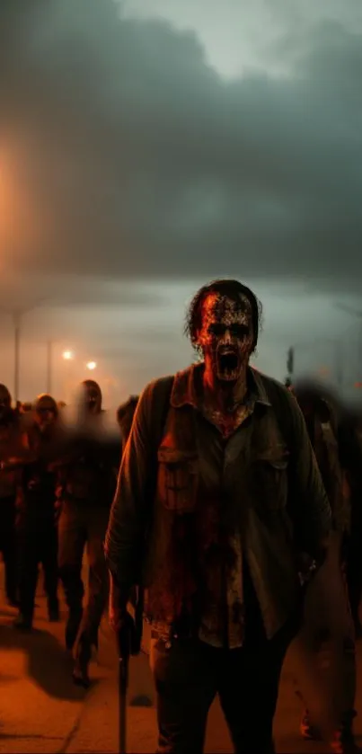 Zombie horde crossing street at dusk with eerie lighting and dark atmosphere.