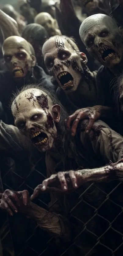 Terrifying zombie horde behind fence, dark scene