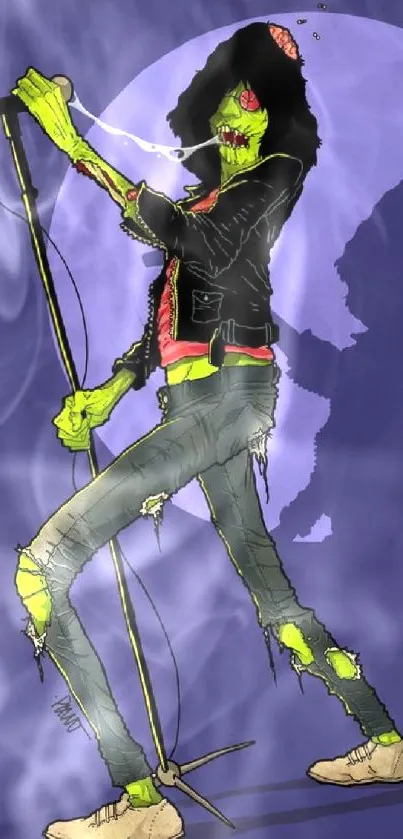 Illustration of a zombie rocker with a purple backdrop.