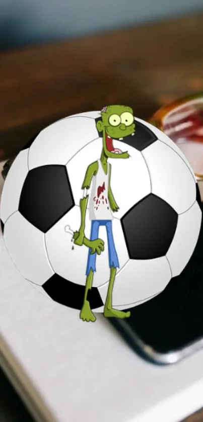 Cartoon zombie with soccer ball on phone wallpaper.