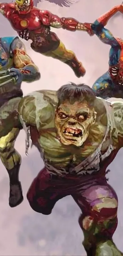 Zombie superheroes depicted in action-packed style.