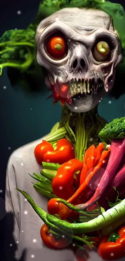 Zombie with vegetables in a colorful, surreal style on a dark background.