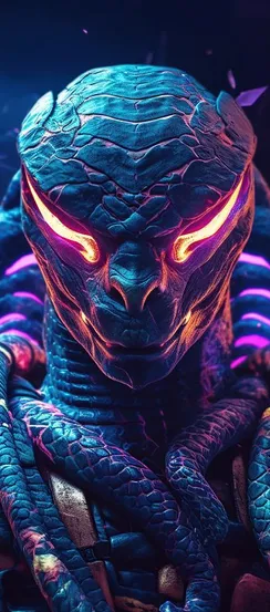 Futuristic alien head with glowing neon design.