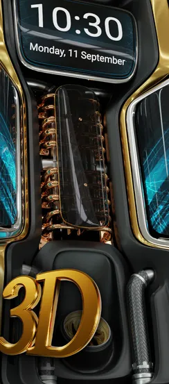 Futuristic cyber-themed mobile wallpaper with blue and gold accents.