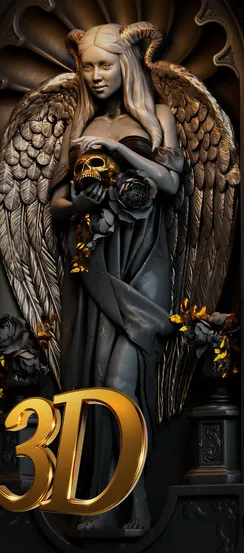 Gothic angel statue with wings and ornate design in dark tones.