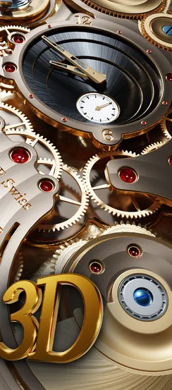 Steampunk gear wallpaper with golden cogs and red jewels.