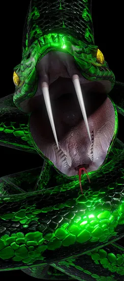 Close-up of a vivid green snake with fangs, against a black background.