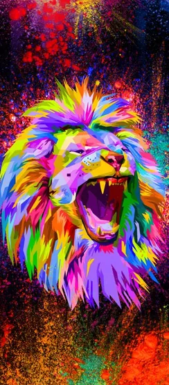 Vibrant colorful lion roaring in dynamic digital artwork.