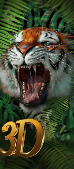 Vibrant tiger face amidst green jungle leaves.