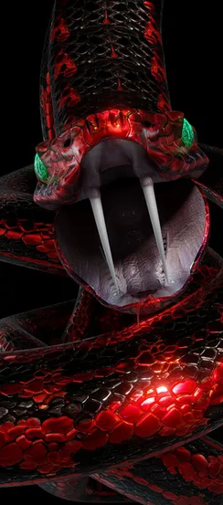 Bold red snake with glowing green eyes and fangs on a dark background.