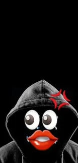 Hooded figure with cartoon face on black background.