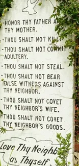 Stone tablet with Ten Commandments in garden setting.