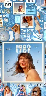 Collage wallpaper inspired by Taylor's 1989 era with blue and nostalgic elements.