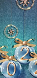 New Year 2024 wallpaper with gold decorations and blue background.