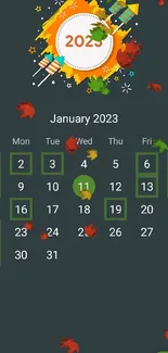 2023 mobile calendar wallpaper with vibrant colors and dynamic layout.