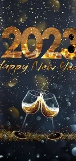 Festive 2023 New Year wallpaper with champagne glasses and golden accents.