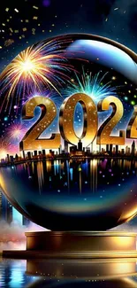 2024 cityscape with fireworks in reflective globe.