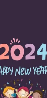 Vibrant 2024 Happy New Year mobile wallpaper with colorful festive elements.